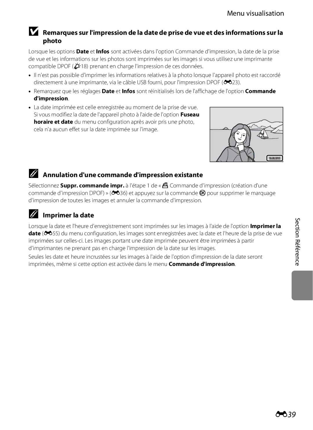 Nikon COOLPIX S2600 manual E39, Annulation dune commande dimpression existante, Imprimer la date 