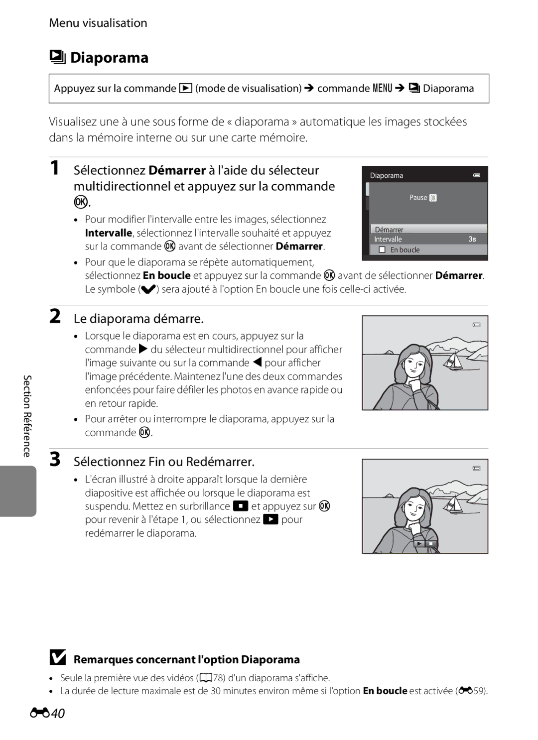 Nikon COOLPIX S2600 manual Diaporama, E40, Multidirectionnel et appuyez sur la commande, Le diaporama démarre 