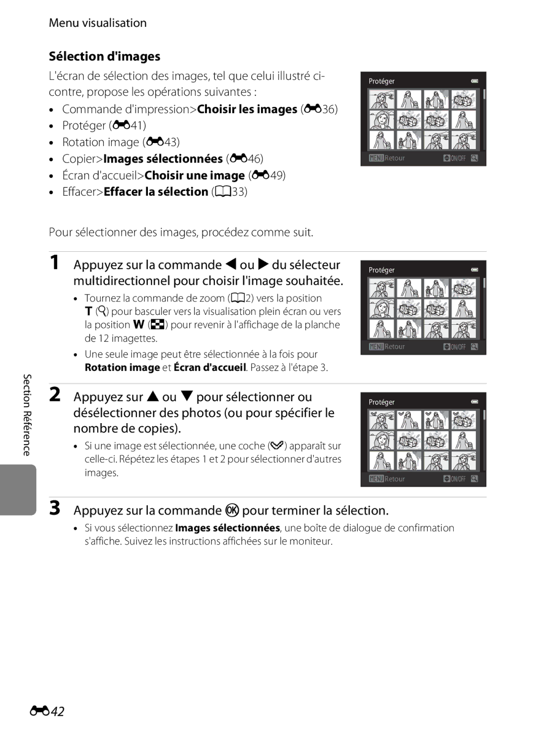 Nikon COOLPIX S2600 manual E42, Sélection dimages, CopierImages sélectionnées E46, EffacerEffacer la sélection A33 