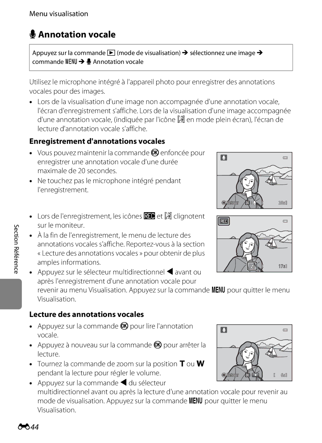 Nikon COOLPIX S2600 manual EAnnotation vocale, E44, Enregistrement dannotations vocales, Lecture des annotations vocales 