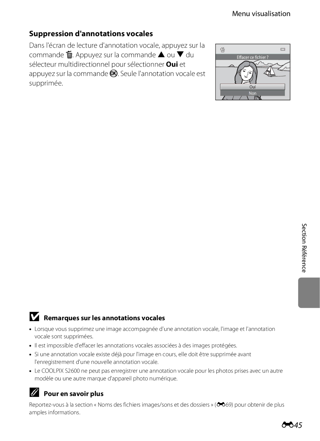 Nikon COOLPIX S2600 manual E45, Suppression dannotations vocales, Remarques sur les annotations vocales 