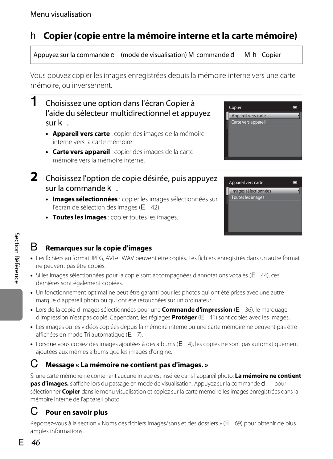 Nikon COOLPIX S2600 manual HCopier copie entre la mémoire interne et la carte mémoire, E46, Remarques sur la copie dimages 