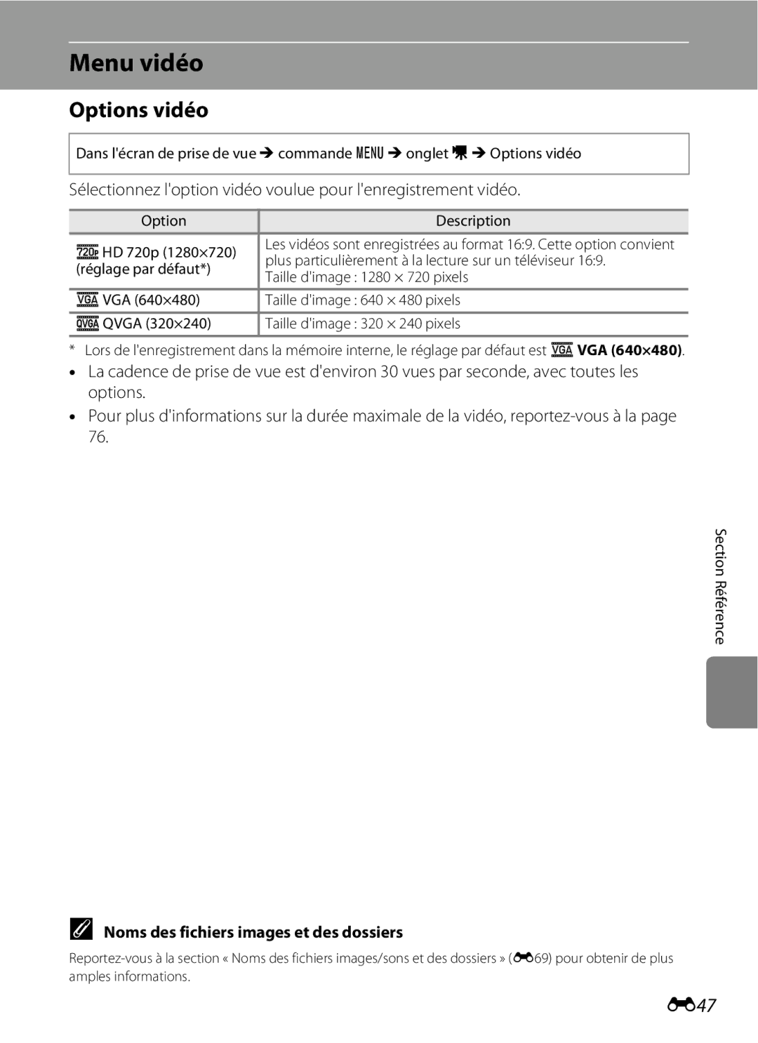 Nikon COOLPIX S2600 manual Menu vidéo, Options vidéo, E47, Noms des fichiers images et des dossiers 