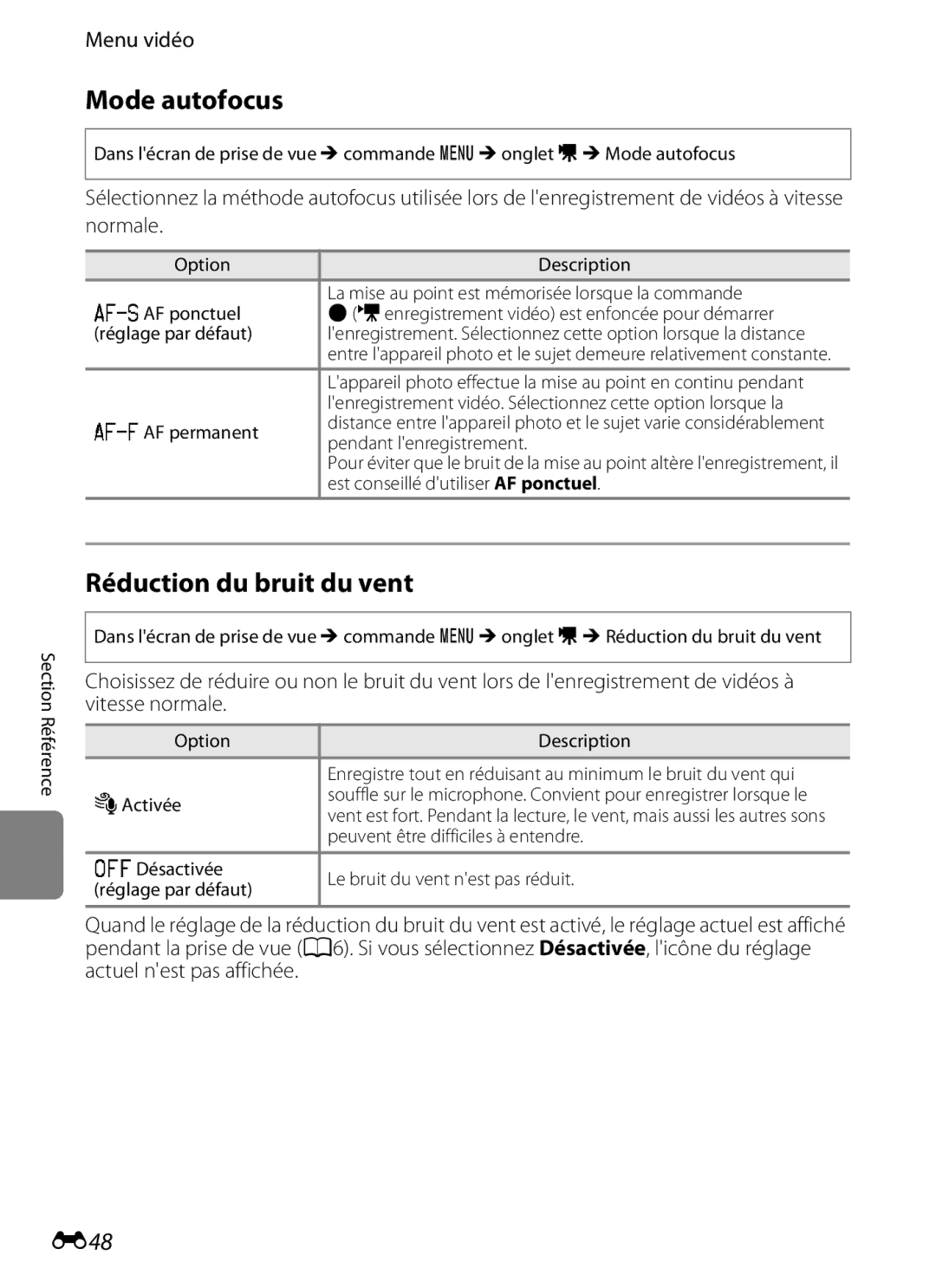 Nikon COOLPIX S2600 manual Réduction du bruit du vent, E48, Menu vidéo 