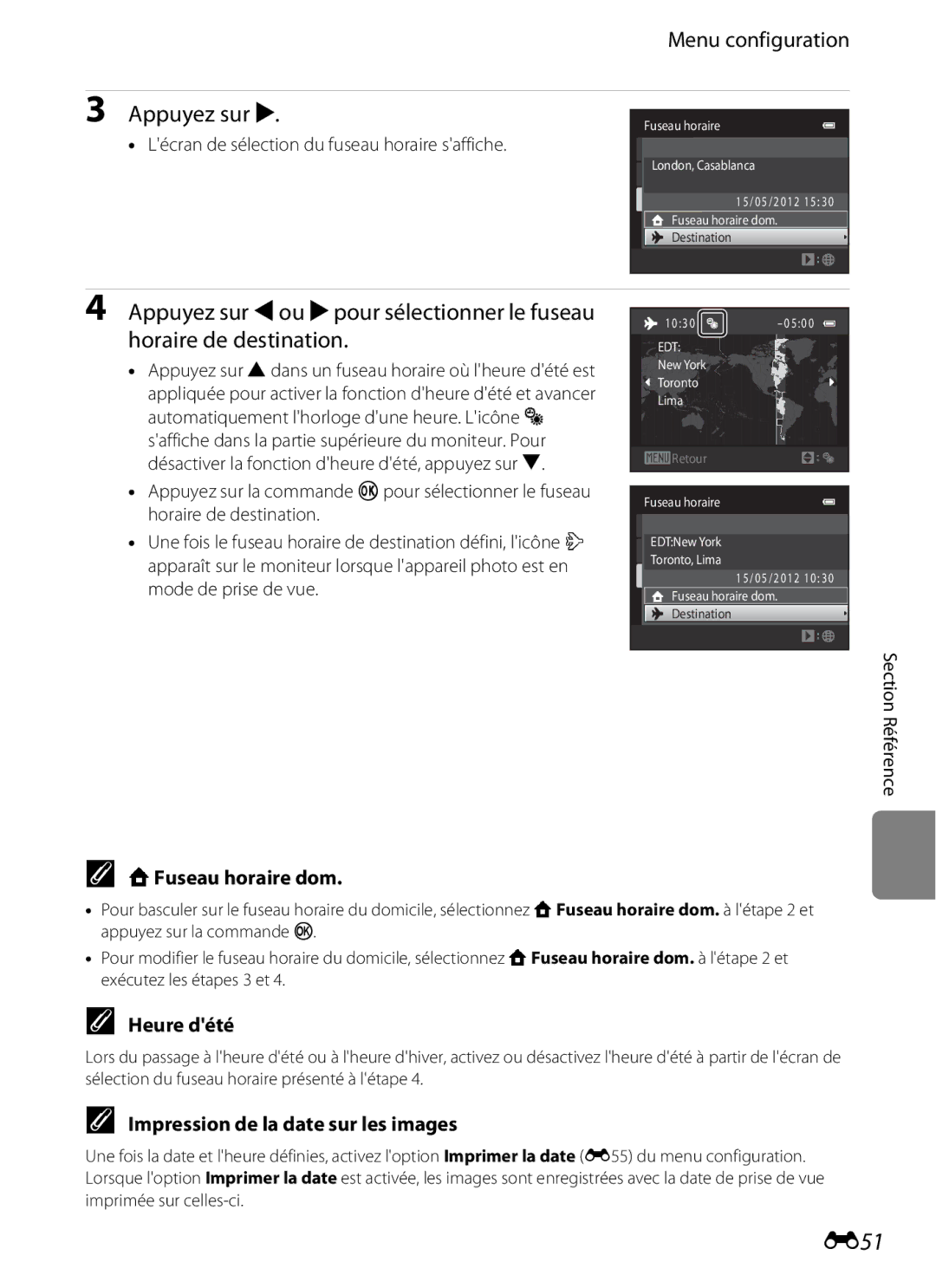 Nikon COOLPIX S2600 manual E51, Menu configuration Appuyez sur K, WFuseau horaire dom, Heure dété 
