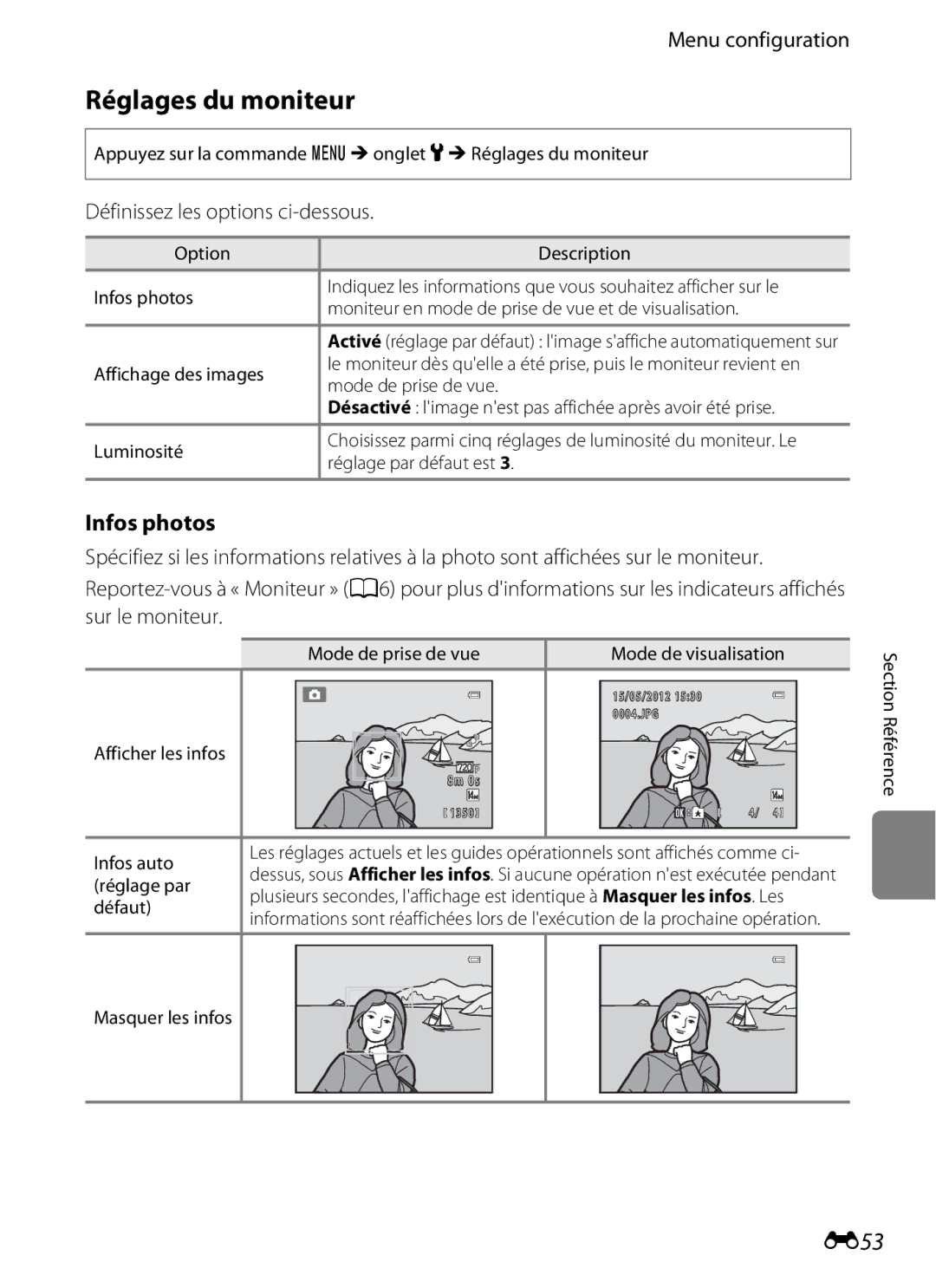 Nikon COOLPIX S2600 manual Réglages du moniteur, E53, Définissez les options ci-dessous, Infos photos 