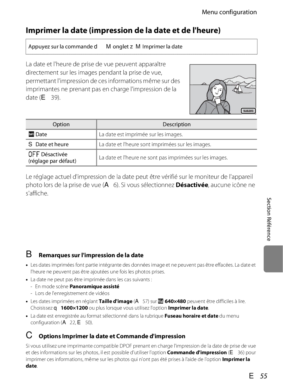 Nikon COOLPIX S2600 Imprimer la date impression de la date et de lheure, E55, Remarques sur limpression de la date, Date 