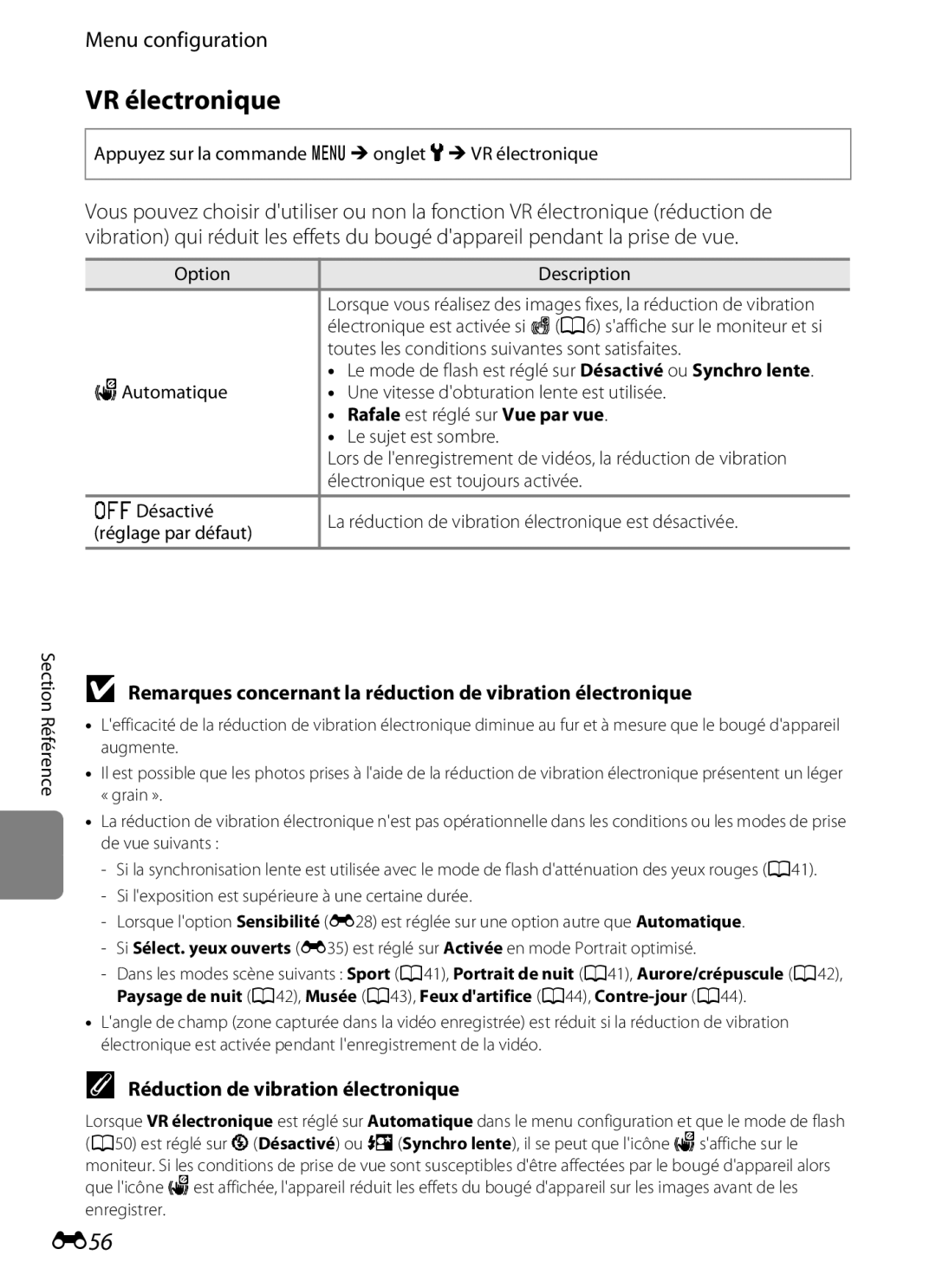 Nikon COOLPIX S2600 manual VR électronique, E56, Remarques concernant la réduction de vibration électronique 