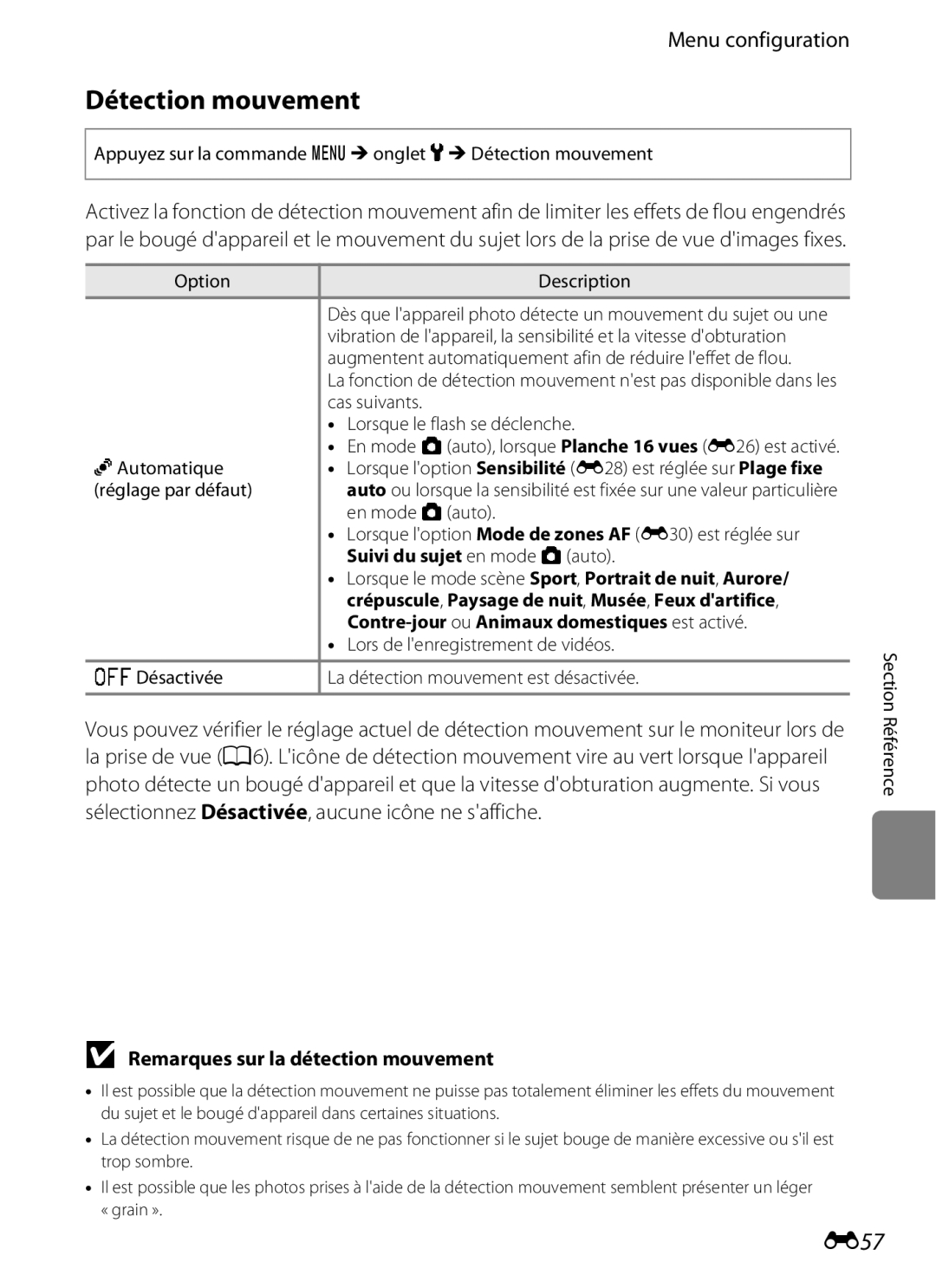 Nikon COOLPIX S2600 manual Détection mouvement, E57, Remarques sur la détection mouvement 