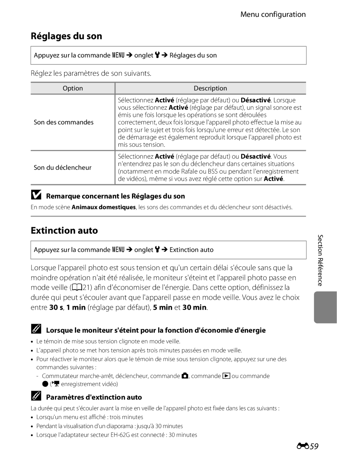 Nikon COOLPIX S2600 manual Réglages du son, Extinction auto, E59, Réglez les paramètres de son suivants 