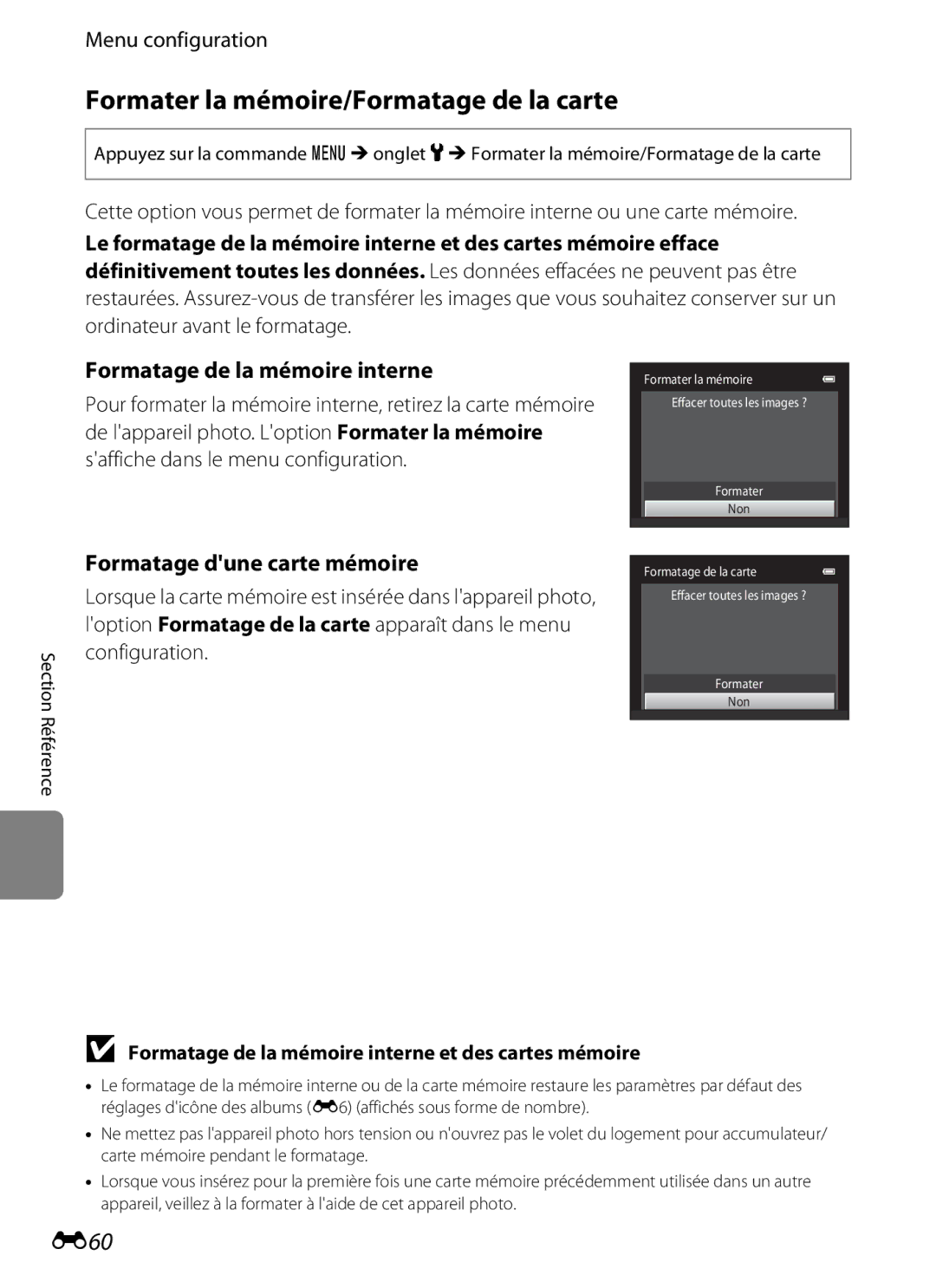 Nikon COOLPIX S2600 manual Formater la mémoire/Formatage de la carte, E60, Formatage dune carte mémoire 