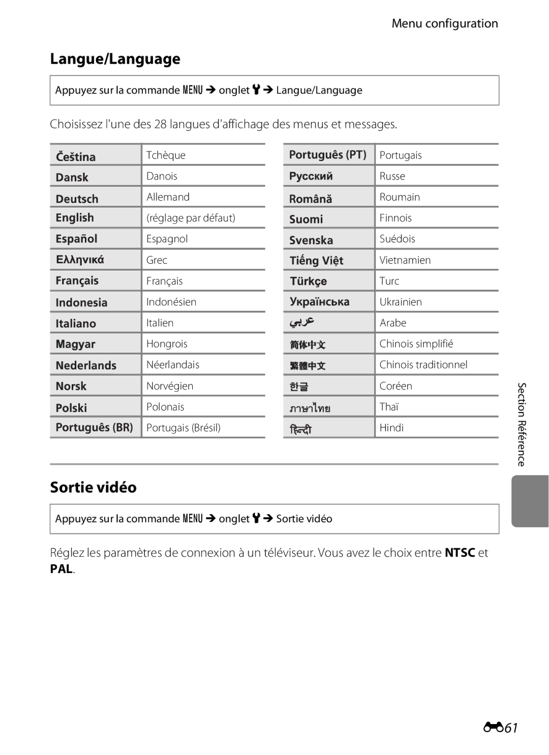 Nikon COOLPIX S2600 manual Sortie vidéo, E61, Appuyez sur la commande d M onglet z M Langue/Language 