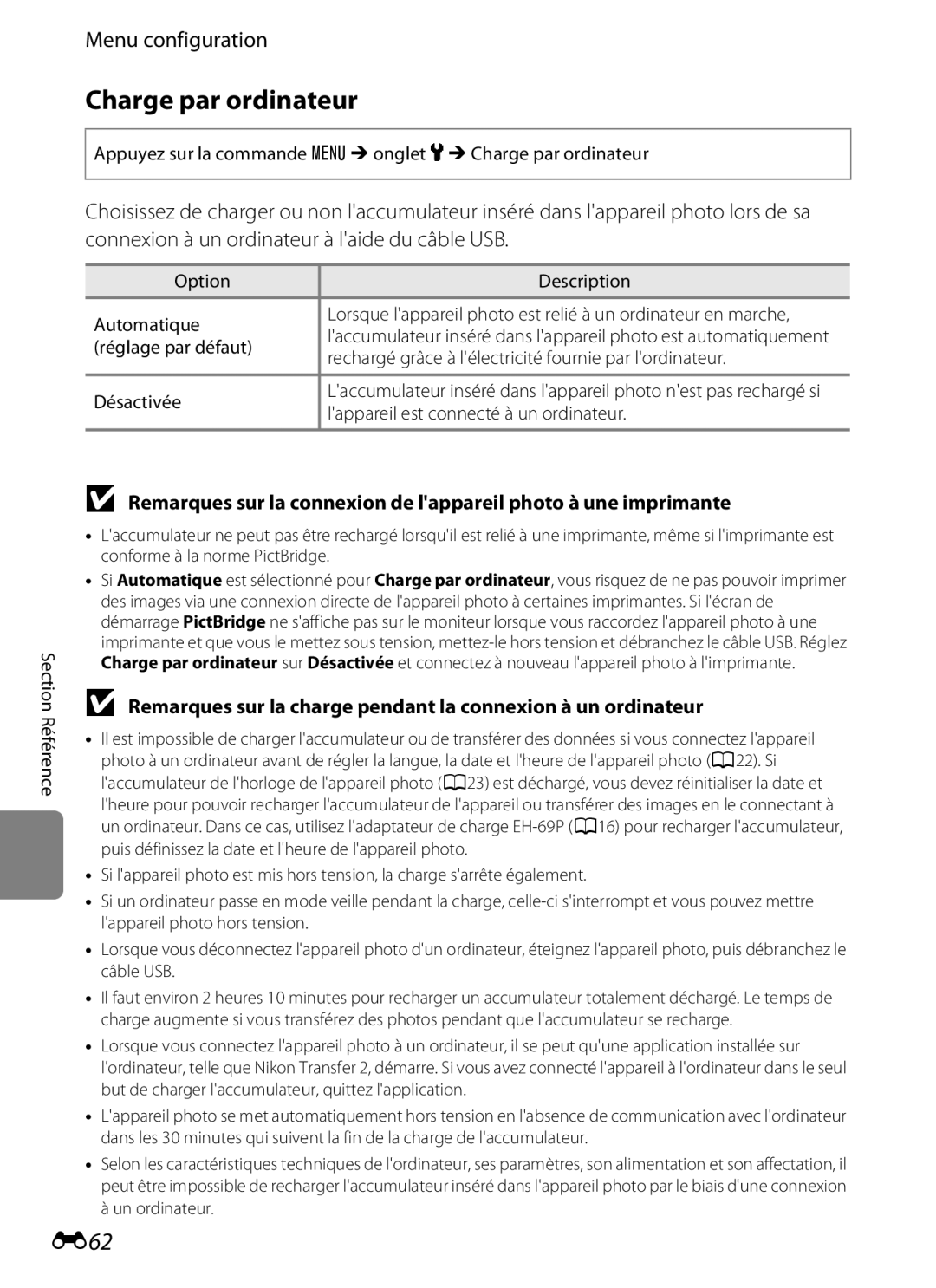 Nikon COOLPIX S2600 manual Charge par ordinateur, E62, Rechargé grâce à lélectricité fournie par lordinateur 