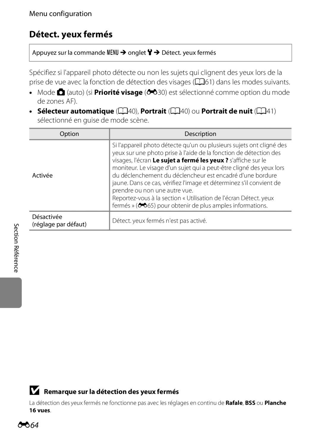 Nikon COOLPIX S2600 manual Détect. yeux fermés, E64, Remarque sur la détection des yeux fermés, Vues 