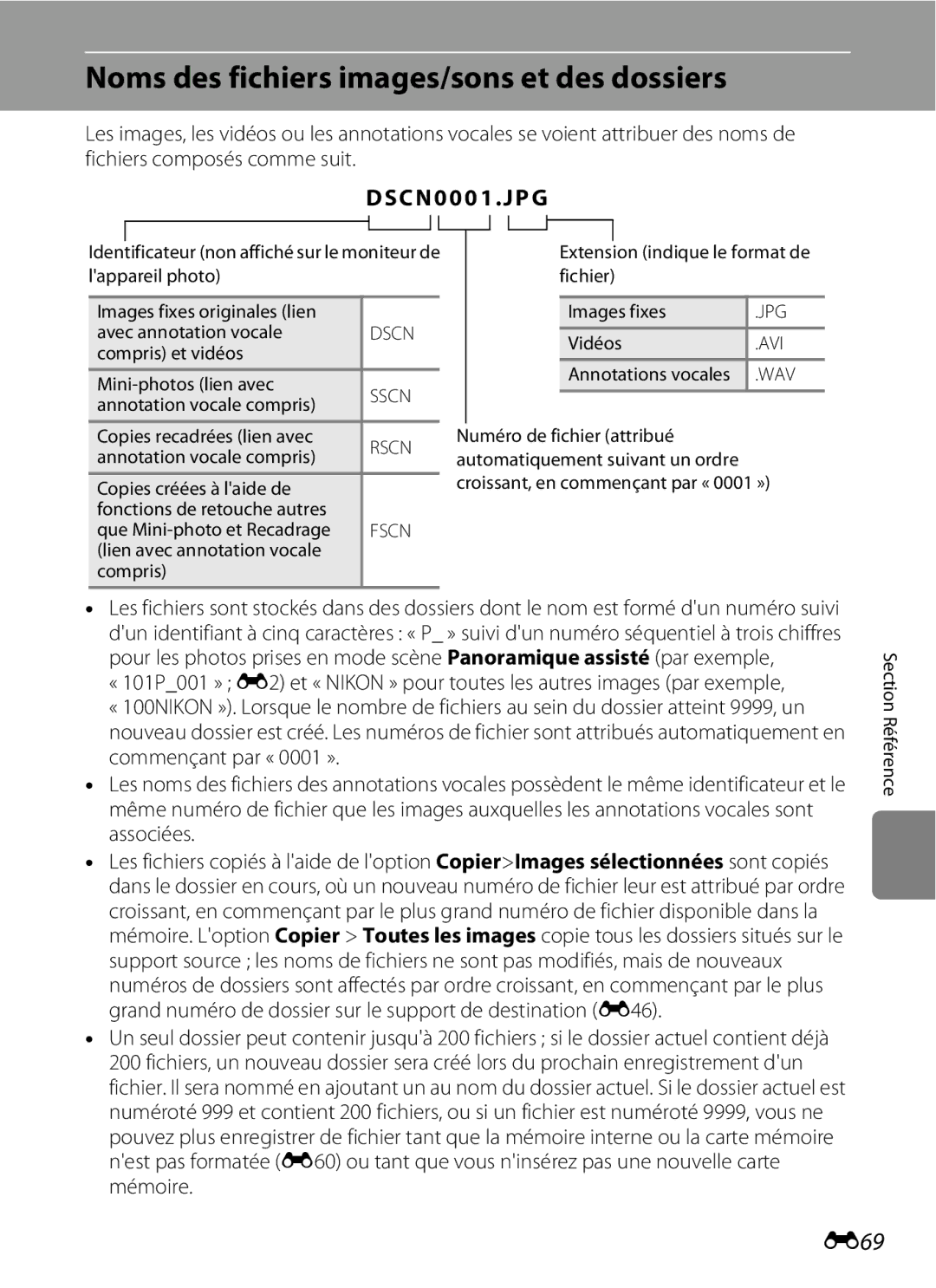 Nikon COOLPIX S2600 manual Noms des fichiers images/sons et des dossiers, E69, SC N 00 0 1 .JP G 