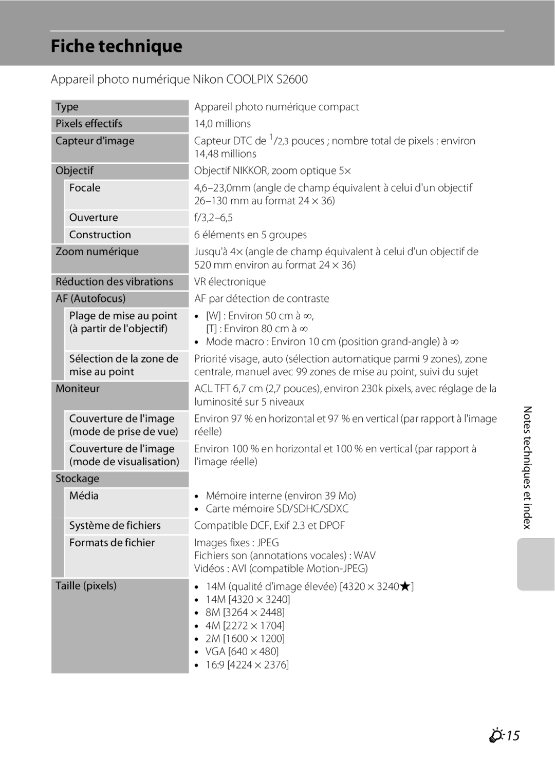 Nikon COOLPIX S2600 manual Fiche technique, F15, Appareil photo numérique Nikon Coolpix S2600, Mode de prise de vue Réelle 