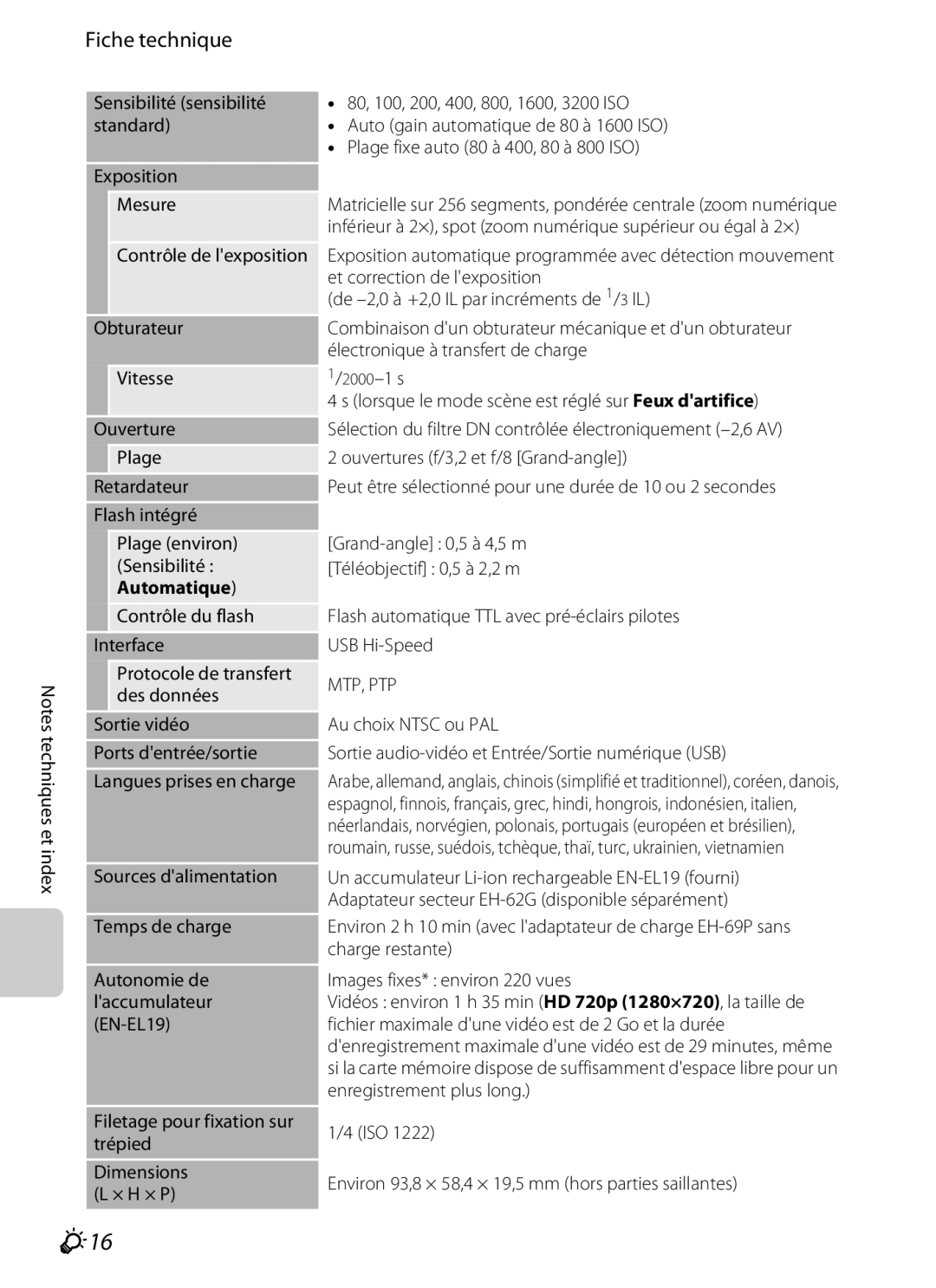 Nikon COOLPIX S2600 manual F16, Fiche technique 