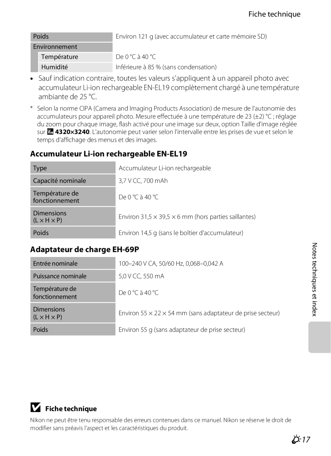 Nikon COOLPIX S2600 manual F17, Accumulateur Li-ion rechargeable EN-EL19, Adaptateur de charge EH-69P, Fiche technique 