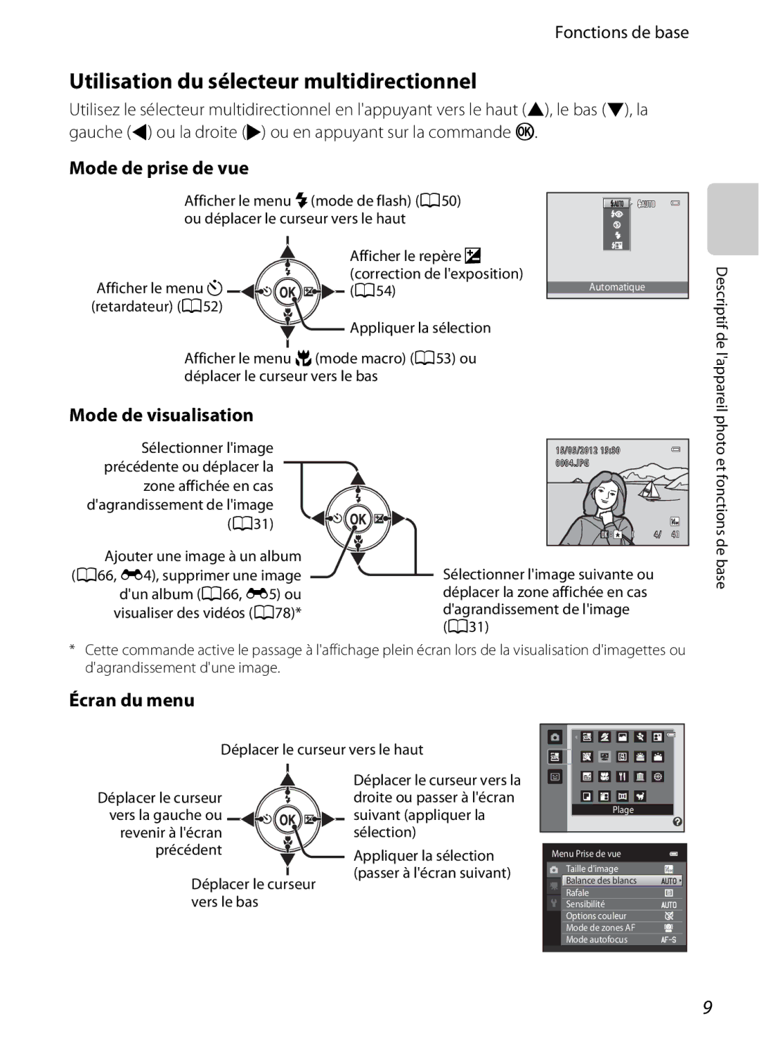 Nikon COOLPIX S2600 manual Utilisation du sélecteur multidirectionnel, Fonctions de base, Écran du menu 