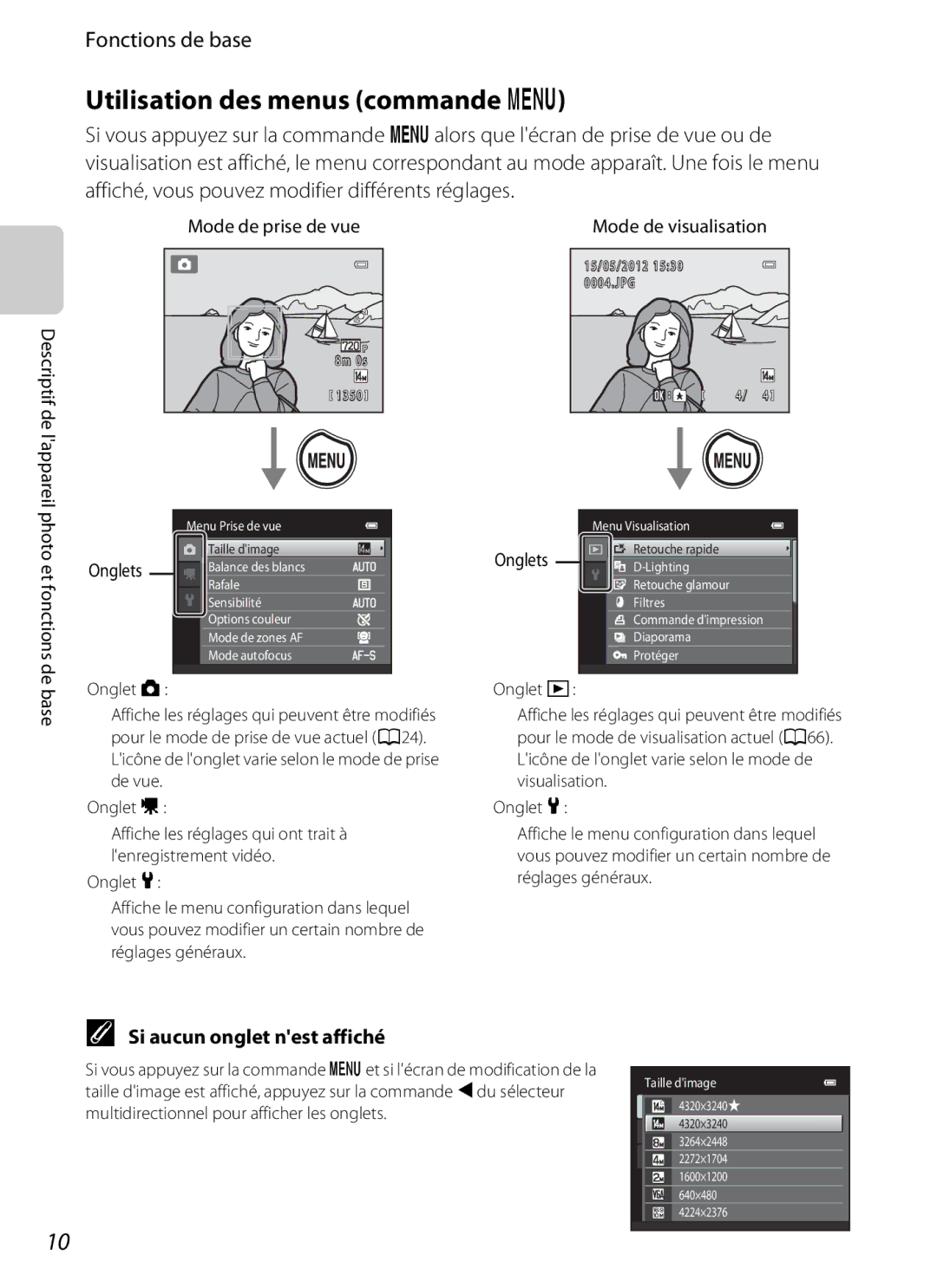 Nikon COOLPIX S2600 manual Utilisation des menus commande d, Si aucun onglet nest affiché, Onglet z 