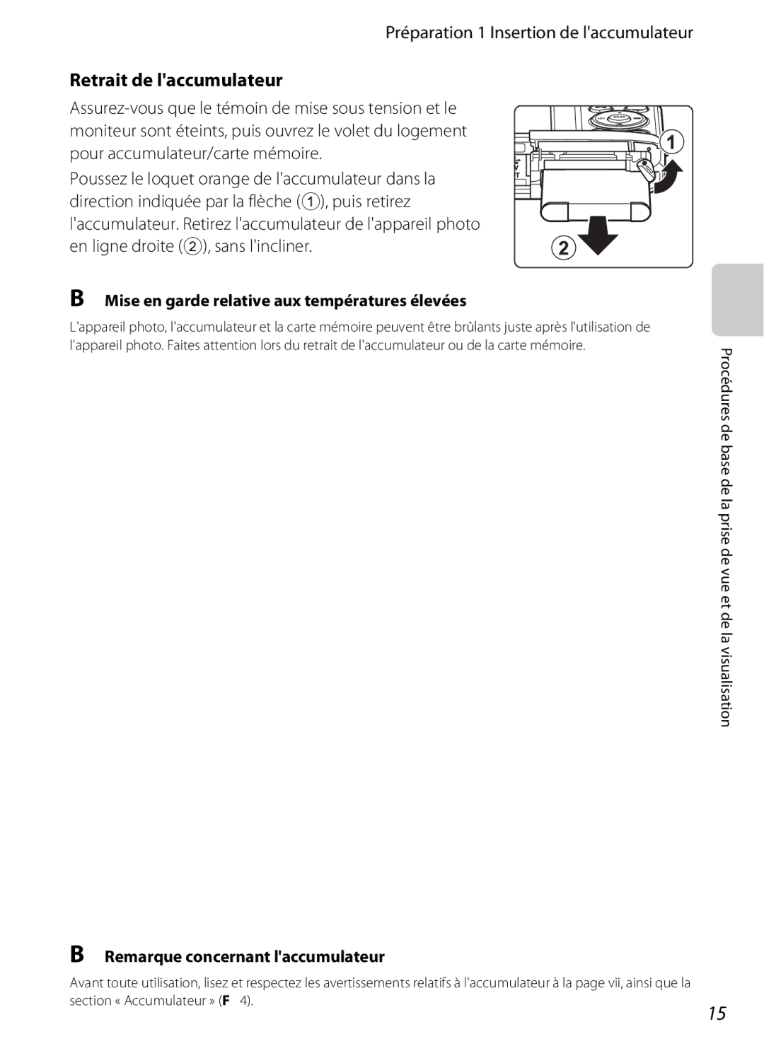 Nikon COOLPIX S2600 Préparation 1 Insertion de laccumulateur, Retrait de laccumulateur, Remarque concernant laccumulateur 