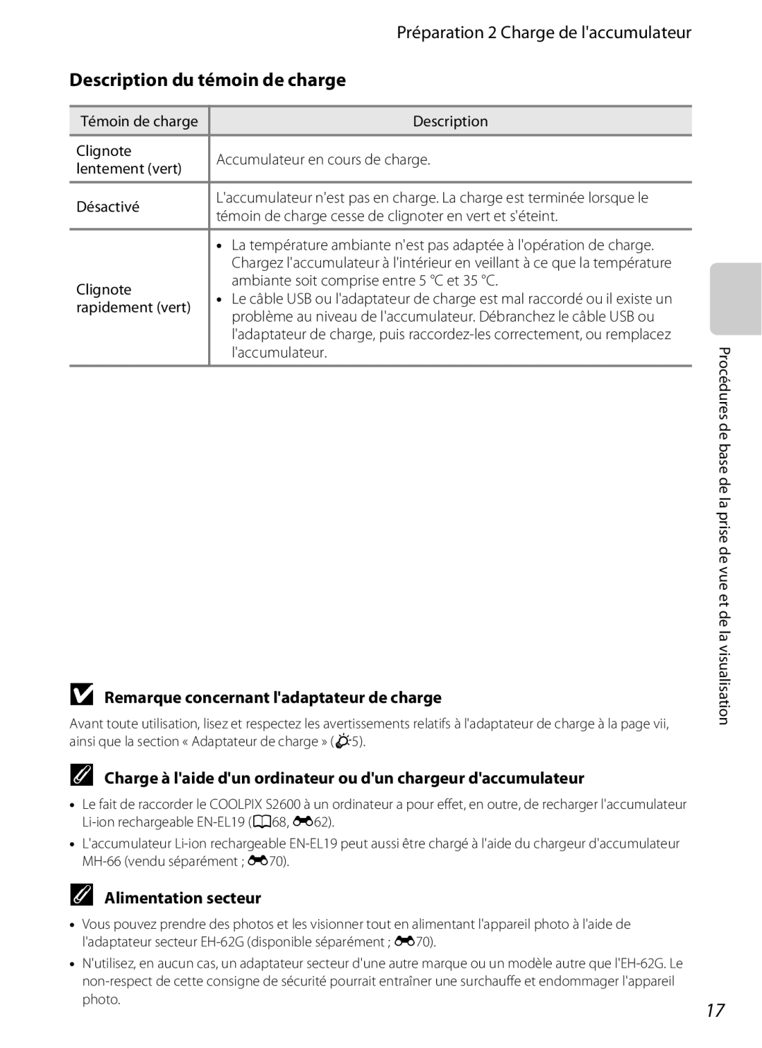 Nikon COOLPIX S2600 manual Description du témoin de charge, Remarque concernant ladaptateur de charge, Alimentation secteur 