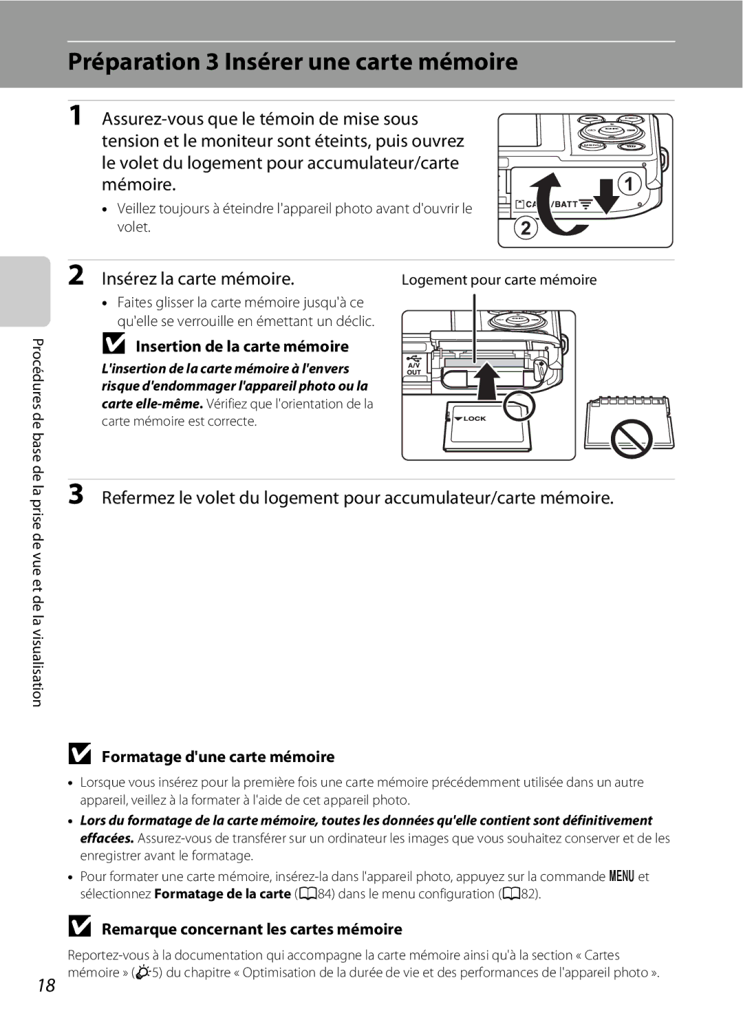 Nikon COOLPIX S2600 manual Préparation 3 Insérer une carte mémoire, Insérez la carte mémoire, Insertion de la carte mémoire 