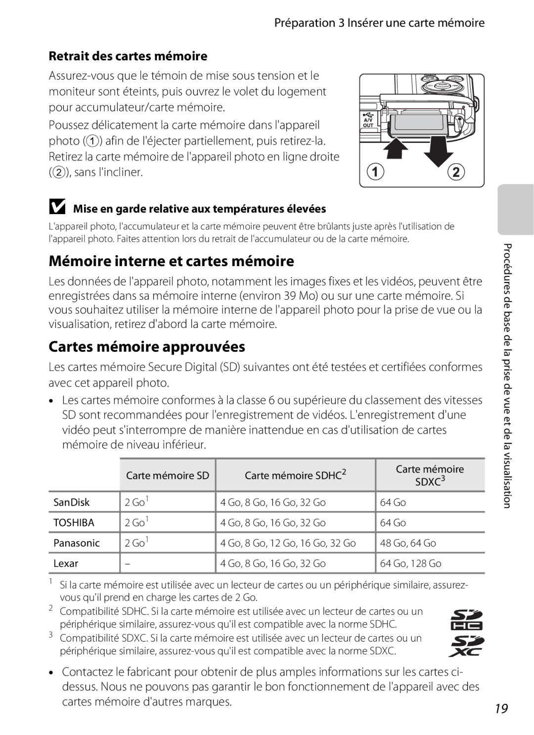 Nikon COOLPIX S2600 Mémoire interne et cartes mémoire, Cartes mémoire approuvées, Préparation 3 Insérer une carte mémoire 