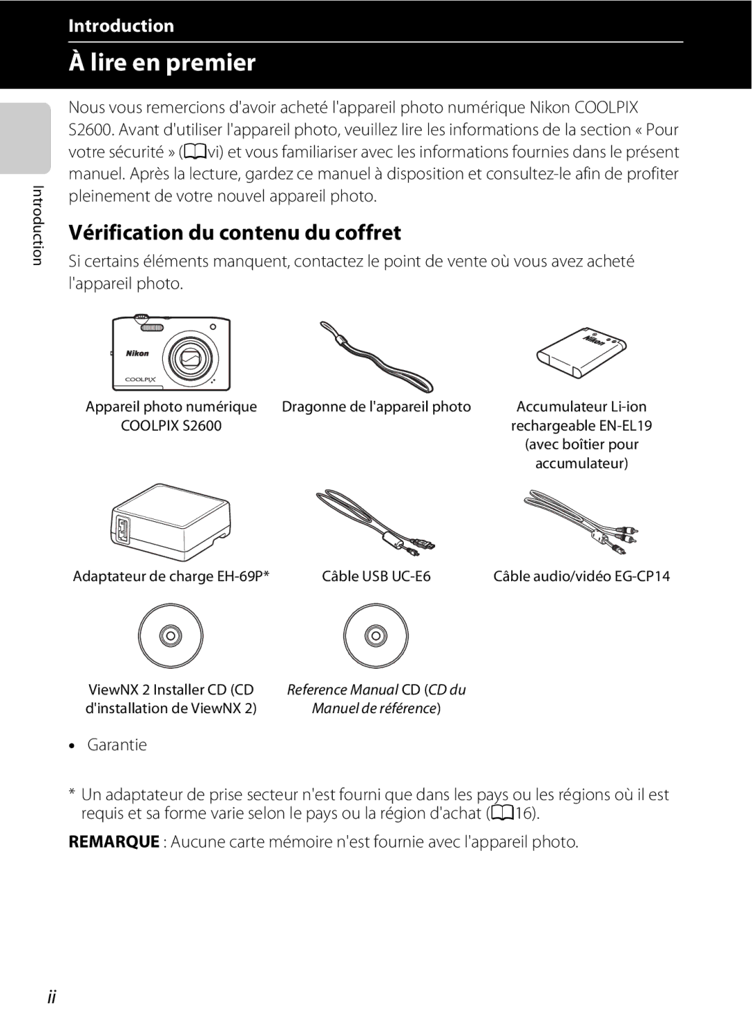 Nikon COOLPIX S2600 manual Vérification du contenu du coffret, Garantie, Introduction, Dragonne de lappareil photo 