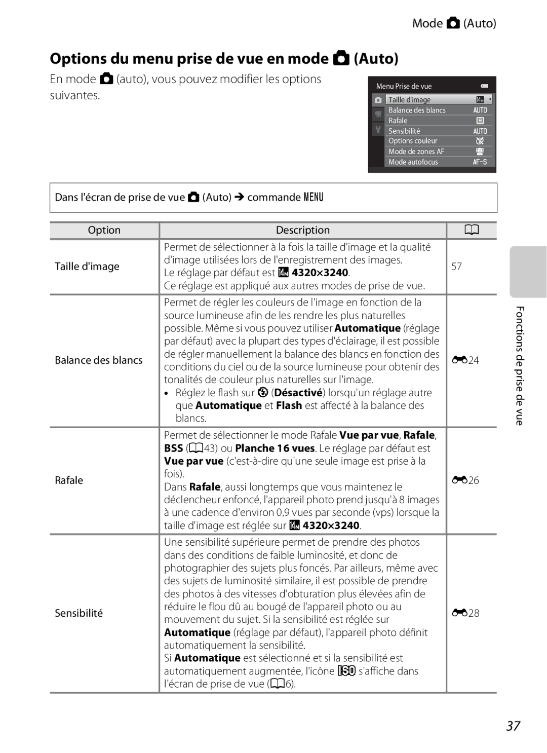 Nikon COOLPIX S2600 manual Options du menu prise de vue en mode AAuto, Mode a Auto, Balance des blancs, E24 