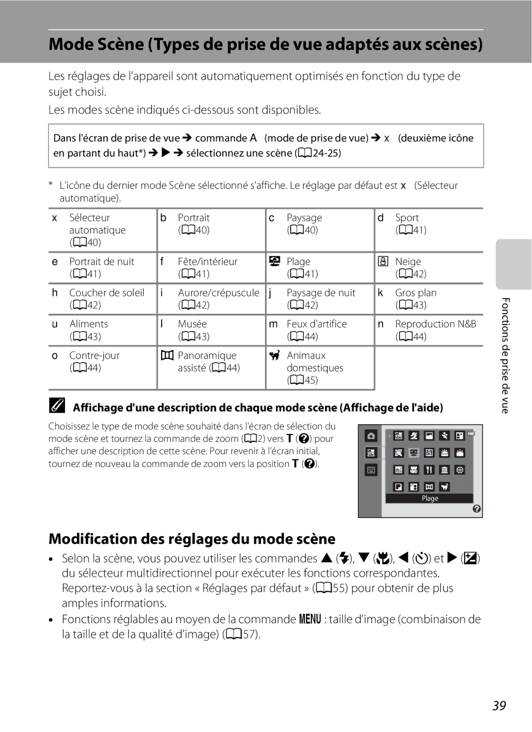 Nikon COOLPIX S2600 manual Mode Scène Types de prise de vue adaptés aux scènes, Modification des réglages du mode scène 