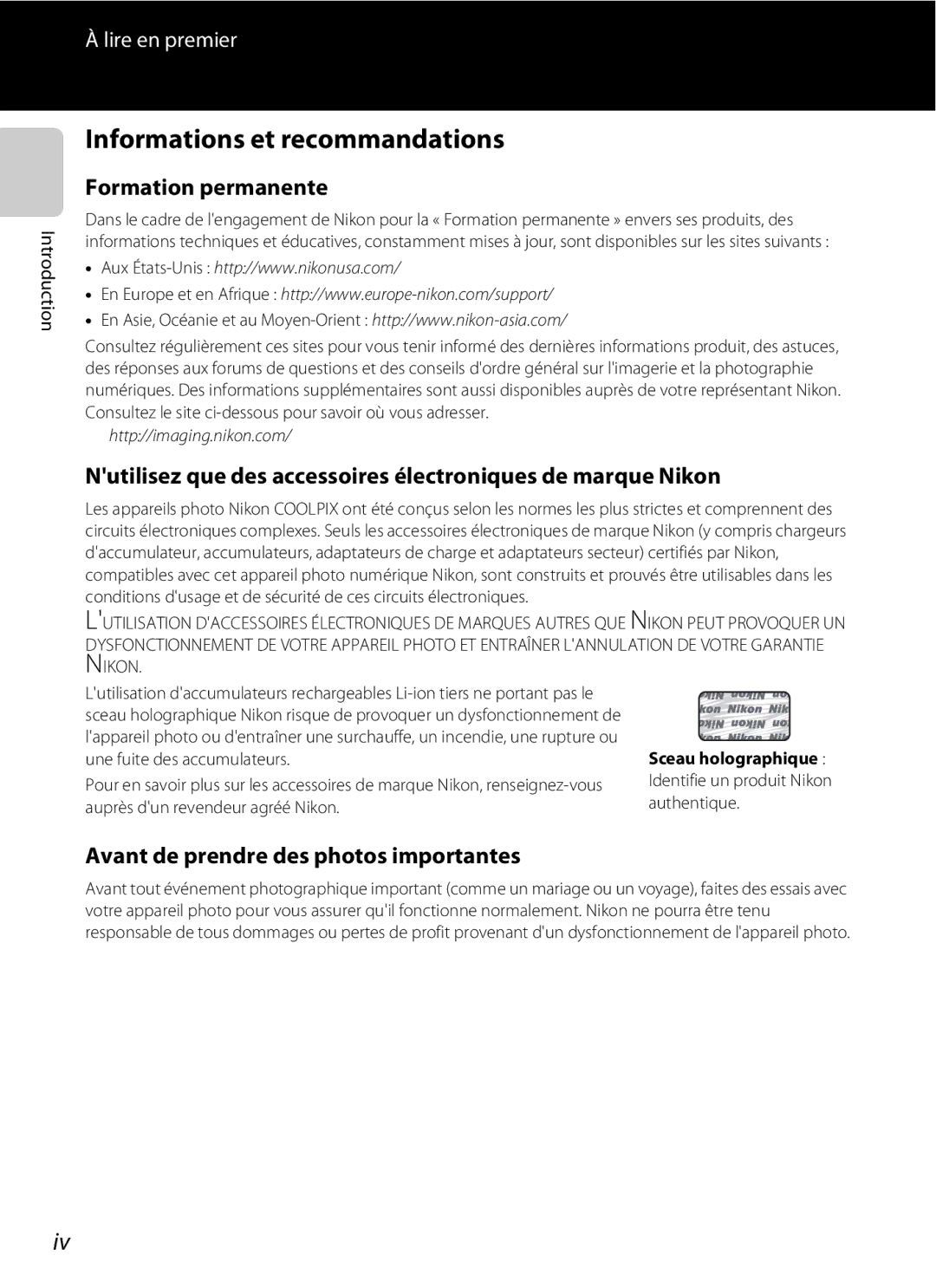 Nikon COOLPIX S2600 manual Informations et recommandations, Formation permanente, Avant de prendre des photos importantes 