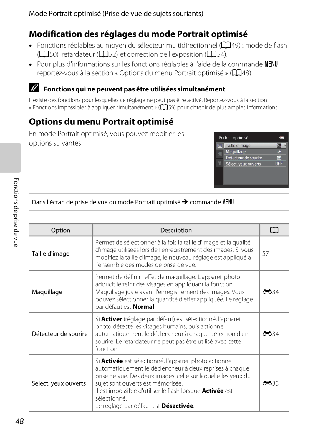 Nikon COOLPIX S2600 Modification des réglages du mode Portrait optimisé, Options du menu Portrait optimisé, Taille dimage 