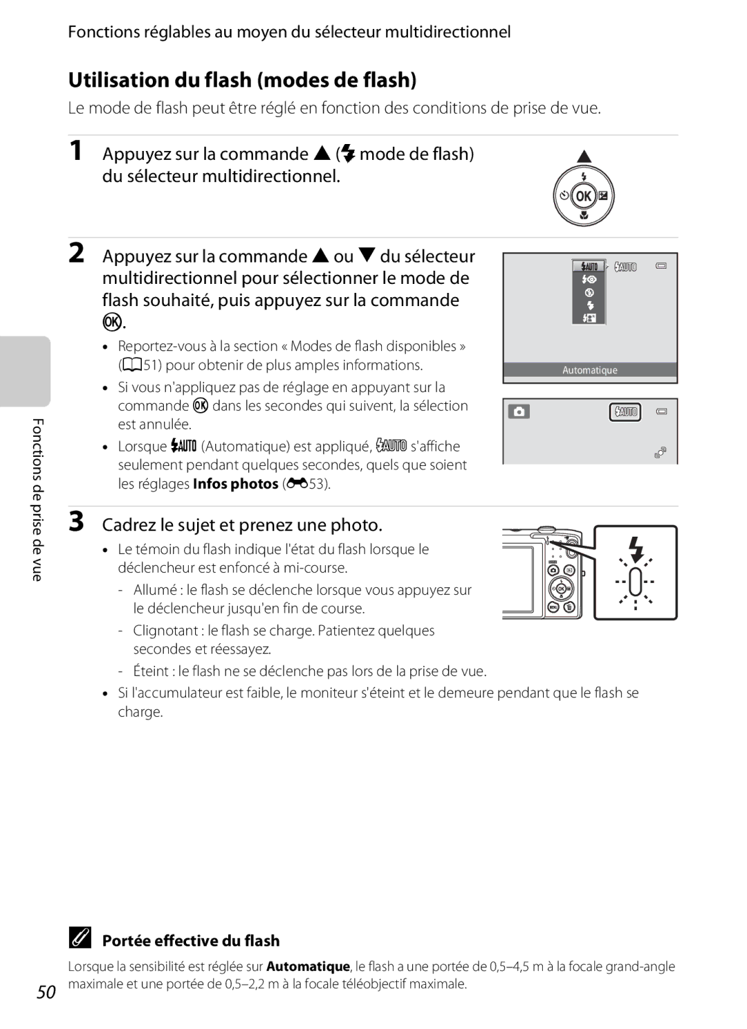 Nikon COOLPIX S2600 manual Utilisation du flash modes de flash, Fonctions réglables au moyen du sélecteur multidirectionnel 