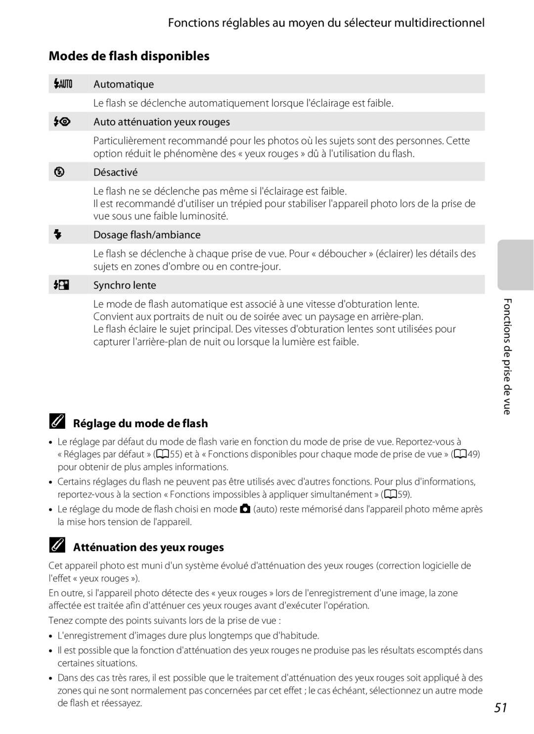 Nikon COOLPIX S2600 manual Modes de flash disponibles, Réglage du mode de flash, Atténuation des yeux rouges 