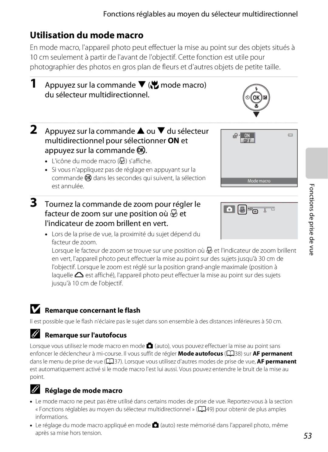 Nikon COOLPIX S2600 manual Utilisation du mode macro, Remarque concernant le flash, Remarque sur lautofocus 