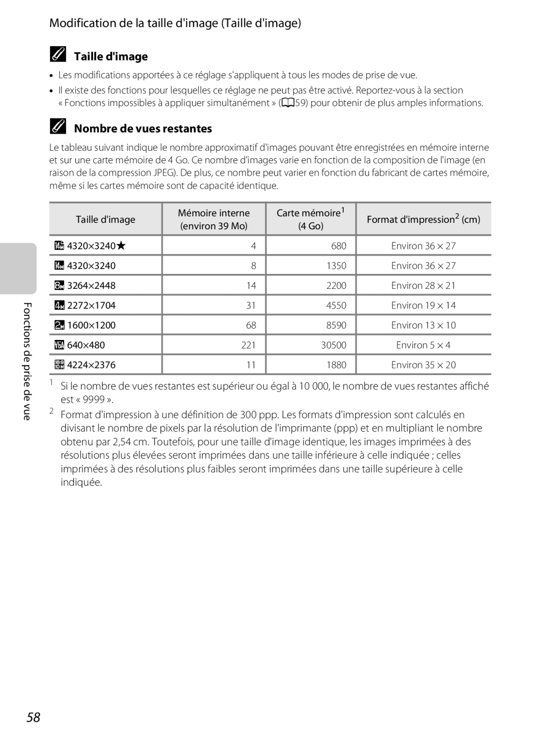 Nikon COOLPIX S2600 manual Modification de la taille dimage Taille dimage, Nombre de vues restantes 