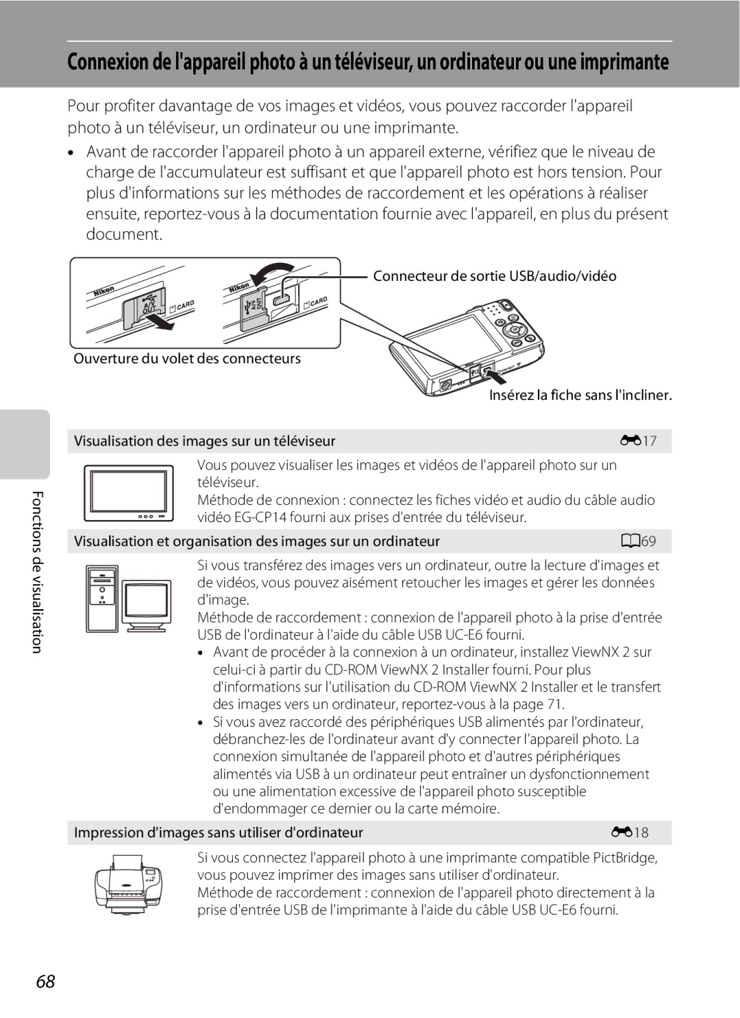 Nikon COOLPIX S2600 manual Fonctions de visualisation, Visualisation des images sur un téléviseur, Téléviseur 