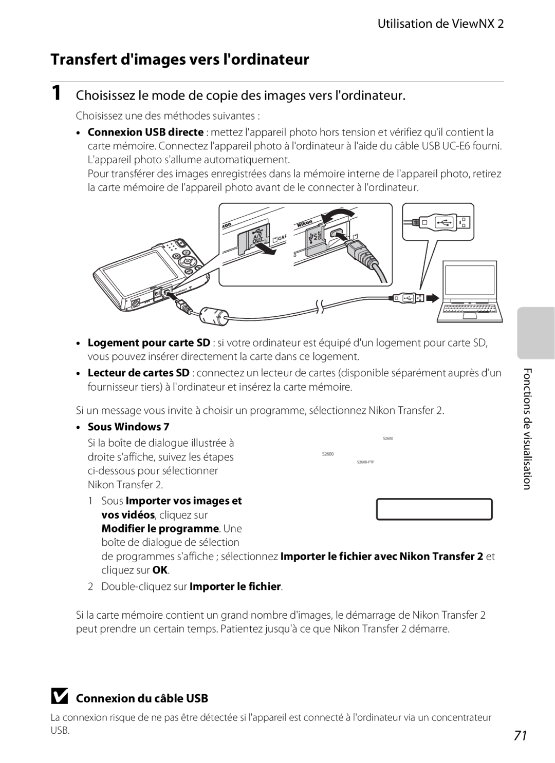 Nikon COOLPIX S2600 manual Transfert dimages vers lordinateur, Utilisation de ViewNX, Connexion du câble USB, Sous Windows 