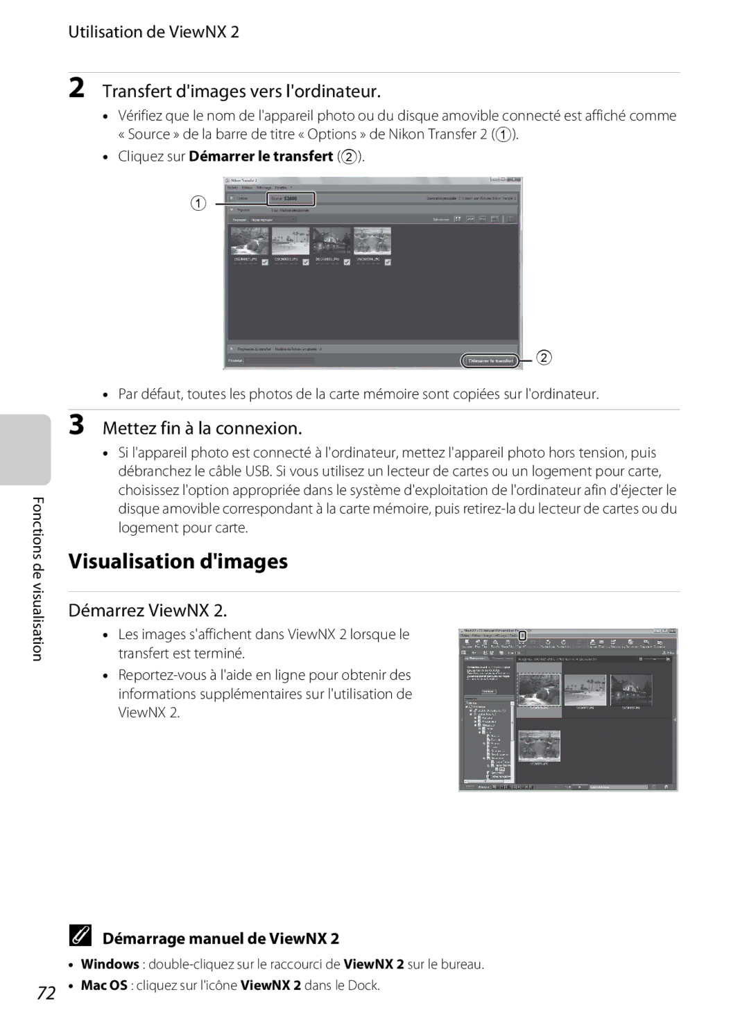 Nikon COOLPIX S2600 Visualisation dimages, Transfert dimages vers lordinateur, Mettez fin à la connexion, Démarrez ViewNX 