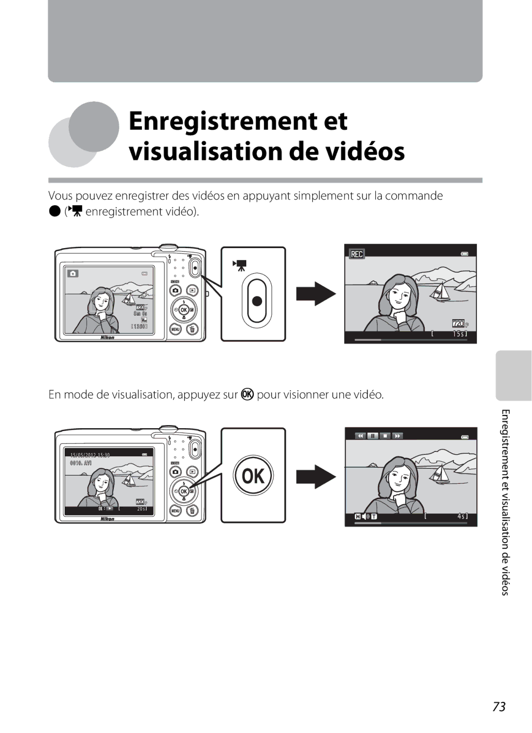 Nikon COOLPIX S2600 manual Enregistrement et visualisation de vidéos 