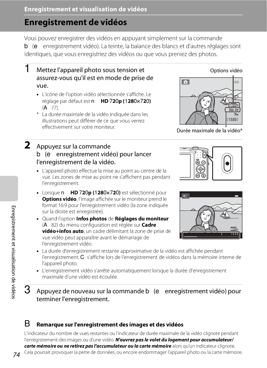 Nikon COOLPIX S2600 manual Enregistrement de vidéos, Mettez lappareil photo sous tension et, Options vidéo 