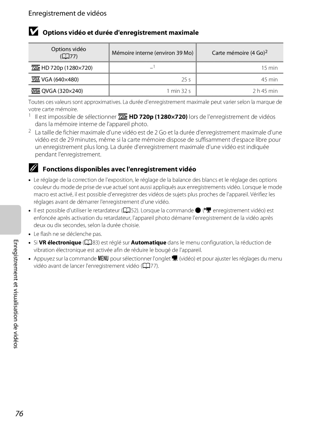 Nikon COOLPIX S2600 Options vidéo et durée denregistrement maximale, Fonctions disponibles avec lenregistrement vidéo 