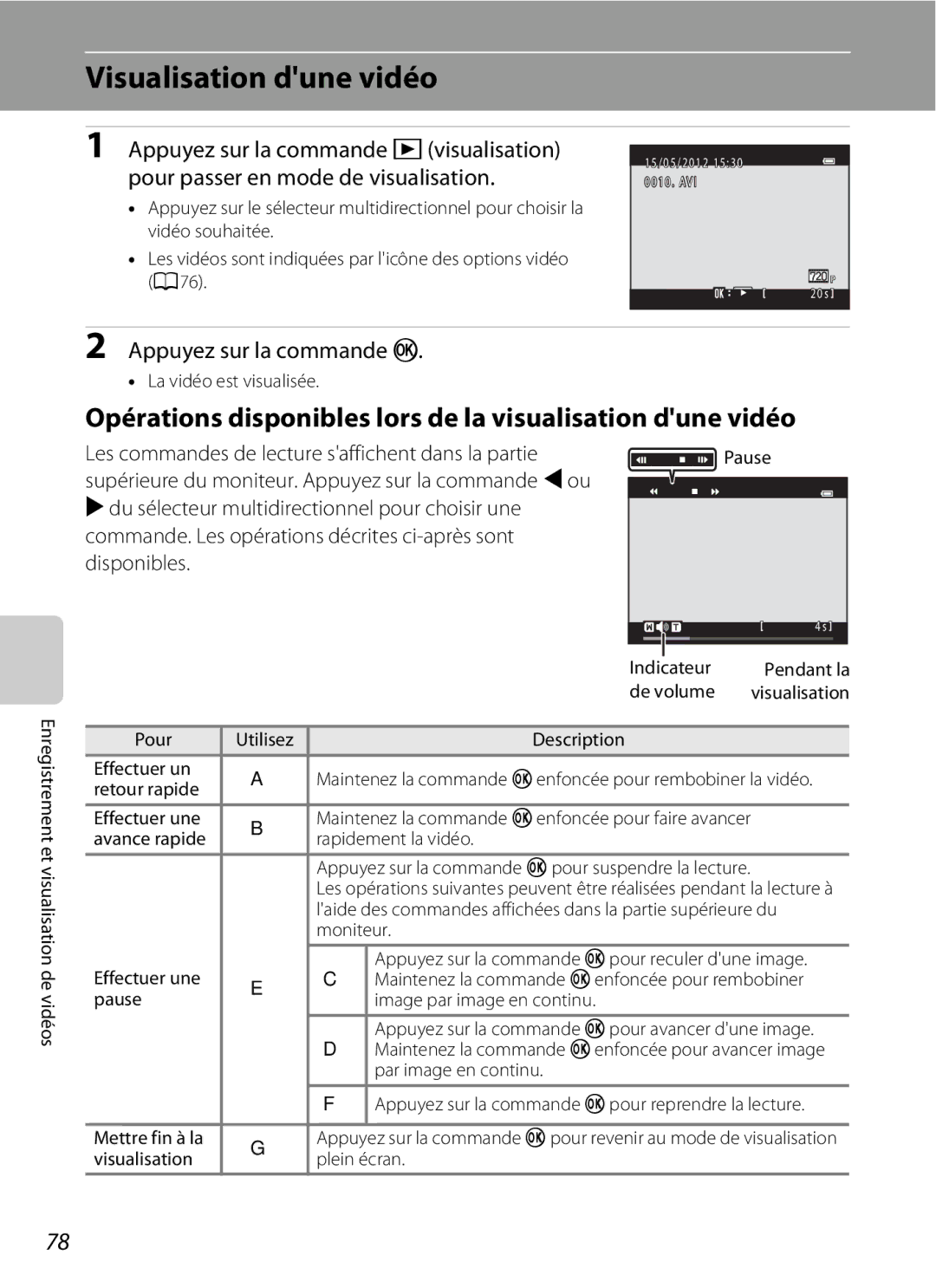 Nikon COOLPIX S2600 manual Visualisation dune vidéo, Opérations disponibles lors de la visualisation dune vidéo 