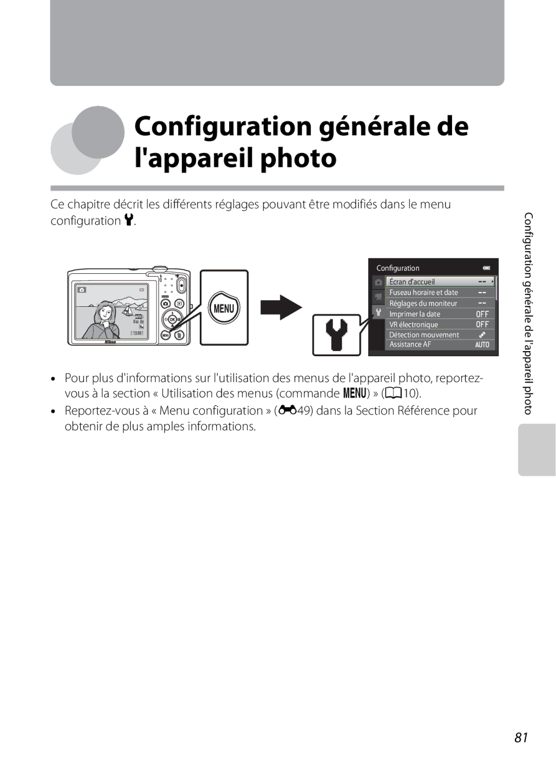 Nikon COOLPIX S2600 manual Configuration générale de lappareil photo 