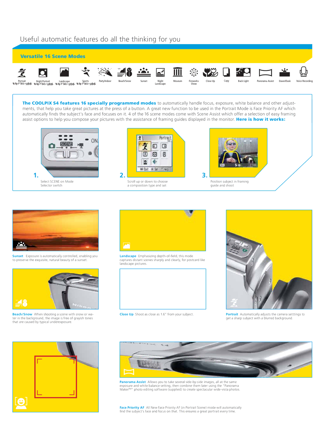 Nikon COOLPIX S4 manual Useful automatic features do all the thinking for you, Versatile 16 Scene Modes 