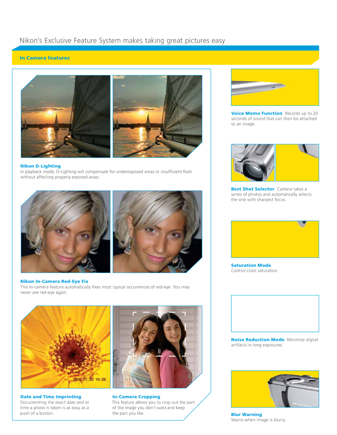 Nikon COOLPIX S4 manual Camera features, Nikon D-Lighting, Nikon In-Camera Red-Eye Fix, Blur Warning 