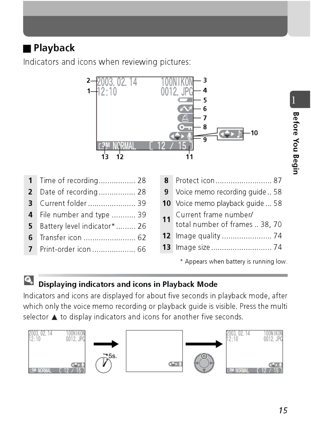 Nikon Coolpix SQ manual Indicators and icons when reviewing pictures, Displaying indicators and icons in Playback Mode 