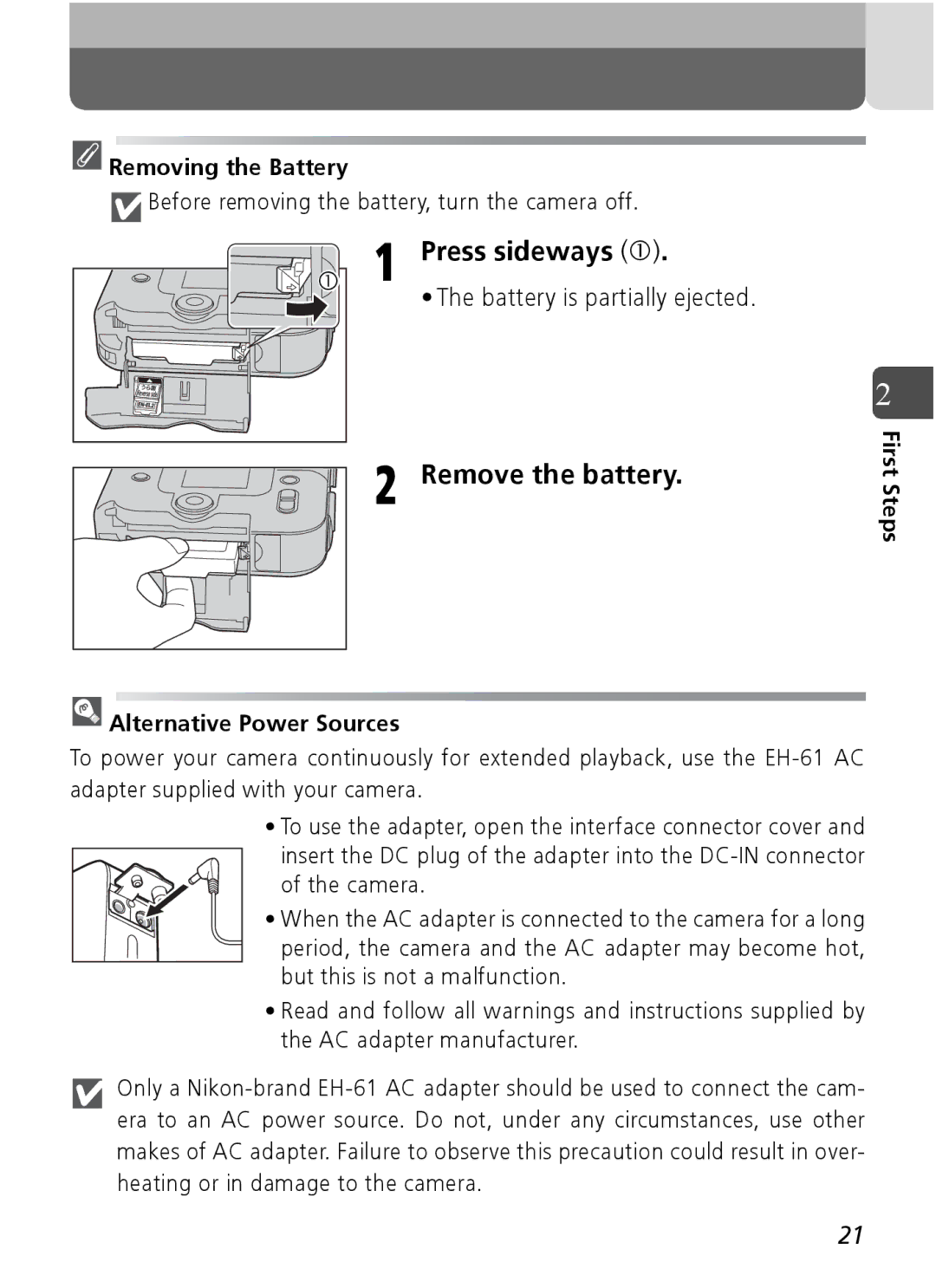 Nikon Coolpix SQ manual Press sideways c, Remove the battery, Battery is partially ejected, Removing the Battery 