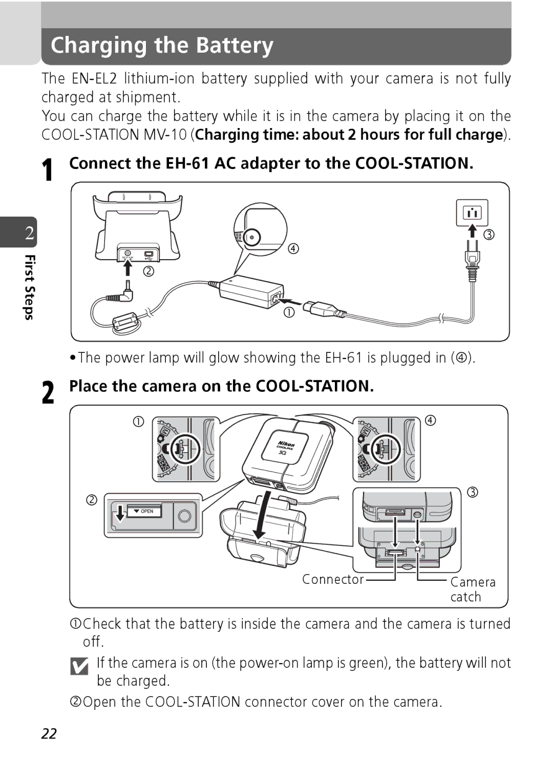 Nikon Coolpix SQ manual Charging the Battery, Connect the EH-61 AC adapter to the COOL-STATION, First Steps 